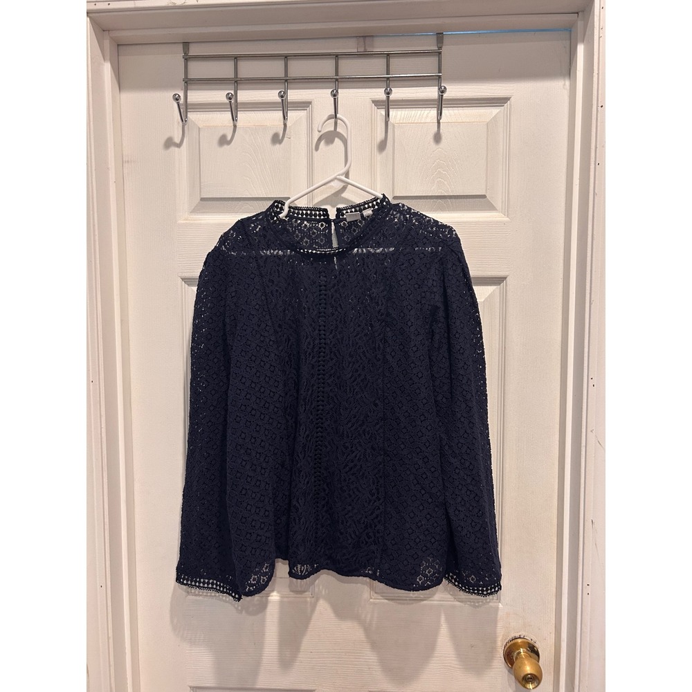 GAP Womens XL Navy Blue Lace Mock Neck Long Sleeve Blouse Boho Crochet Trim Top
